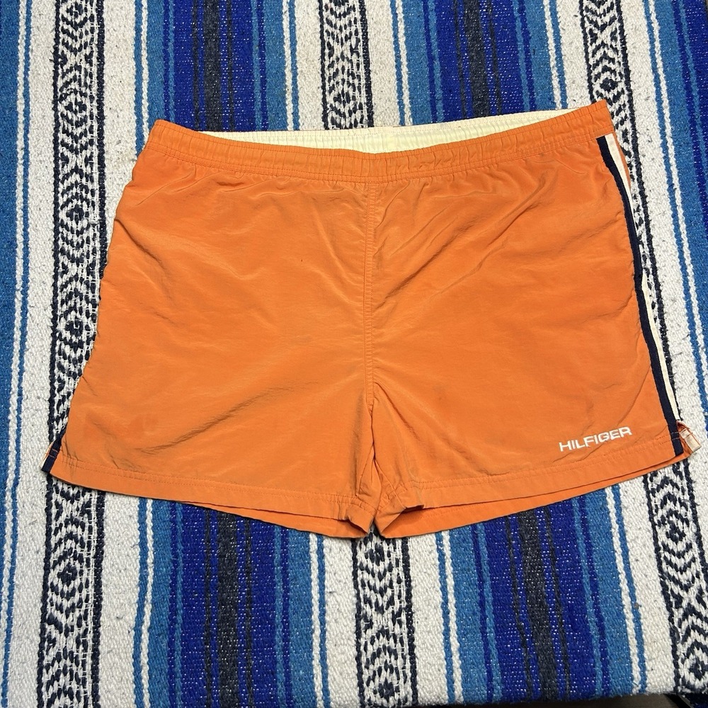 Vintage Tommy Hilfiger Men's Large Orange Nylon Swim Trunks Flag Logo Shorts